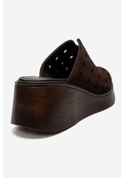 Luvishoes Nıves Kahverengi Süet Hakiki Deri Delikli Kadın Dolgu Topuklu Terlik Kahverengi