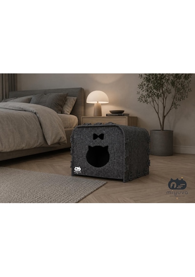 Keçe Kedi Evi Demonte, Yıkanabilir, Taşınabilir Kedi Kulübesi Küp Gri