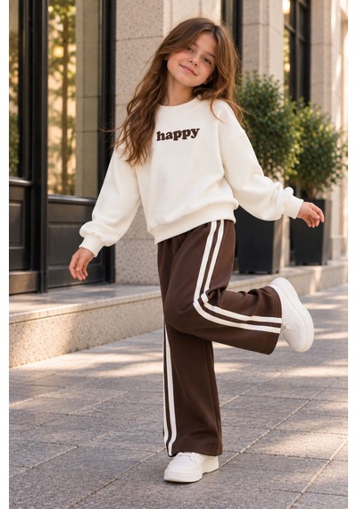 Zuzunga Unisex Çocuk Happy Yazı Baskılı Sweatshirt Ve Şerit Detaylı Bol Paça Eşofman Takımı BEYAZ