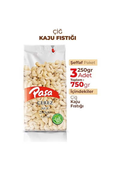 Paşa Kuruyemiş Çiğ Kaju Fıstığı Şeffaf Paket 3 x 250 G