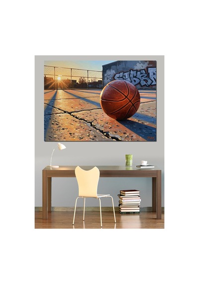 Basketbol Sahasında Duran Yalnız Top Yağlı Boya Dokulu Kanvas Tablo Canvas Tablosu