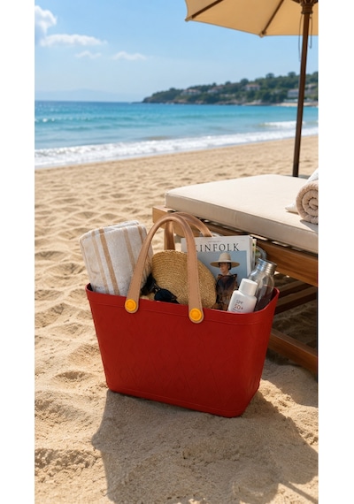 Deri Görünümlü Çok Amaçlı Kulplu Plastik Organizer Sepet El Çantası Plaj Çantası, Piknik Sepeti, Dekoratif Sepet Kiremit