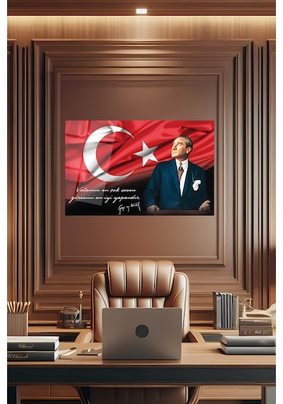 Atatürk Portre Ve Türk Bayrağı Vatanını En Çok Seven Görevini En İyi Yapandır Cam Tablo Evlika, Hediyelik