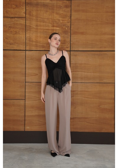 Verymoda D 2979 Askılı Dantel Detaylı Tül Bluz - D2979 Siyah