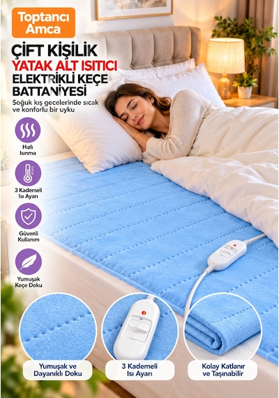 Elektrikli Battaniye Çift Kişilik 120x160 Cm Keçe Yüzey, Isı Ayarlı, Fermuarlı 2 Yıl Garantili Mavi