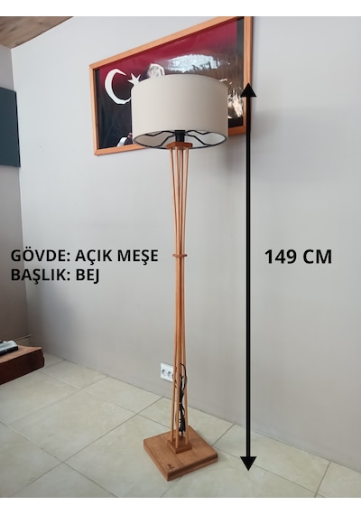 Açık Meşe Ahşap Lambader-bej Başlıklı Köşe Lambası-anahtarlı Kablo