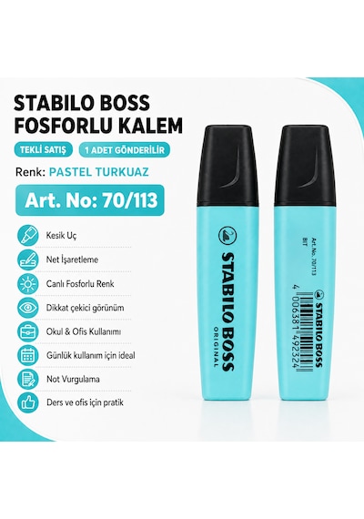 Boss Fosforlu Kalem 1 Adet Metin İşaretleme Kalemi Pastel Turkuaz