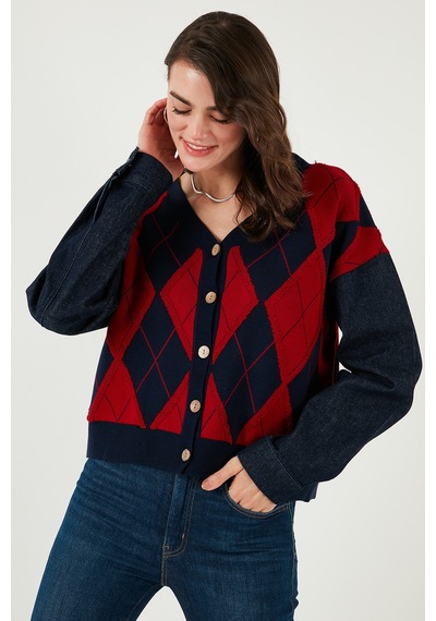 Lela Desenli Regular Fit Düğmeli V Yaka Crop Bayan Hırka 4615553 Lacivert-Kırmızı