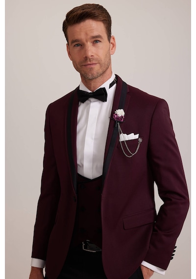 Ysf Erkek Bordo Çıkma Şal Yaka Slim Fit Damatlık