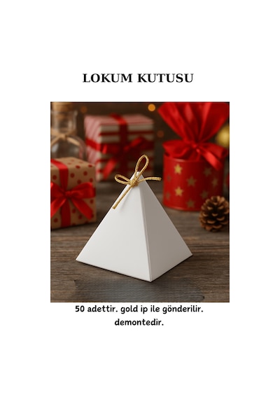 50 Adet Beyaz Piramit Lokum Kutusu - Gold İpli - Şeker Kutusu - Çikolata Kutusu