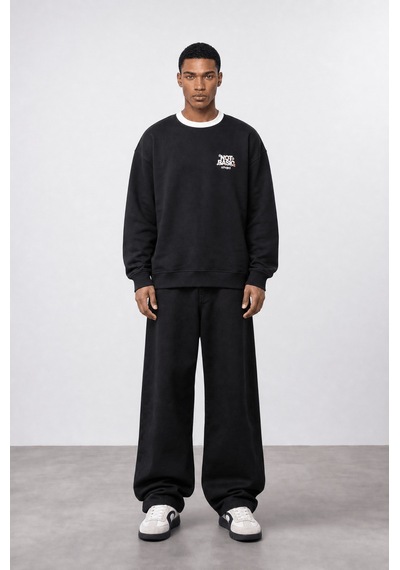Respire Erkek Not Basic Project Baskılı Oversize Sweatshirt Siyah