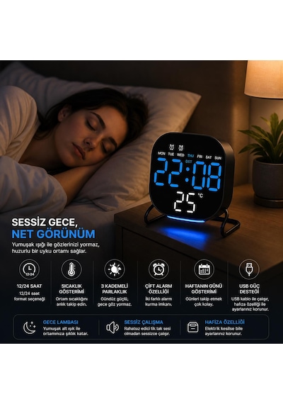 Valkyrie Dijital Led Siyah Masa Saati Alarm Beyaz Derece 3 Kademe Işık, Usb Destekli Modern Gece Lambalı Saat