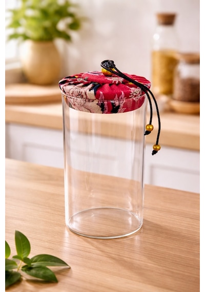 Makri Home 800 Ml Borosilikat Cam Hava Geçirmez Kırmızı Kumaş Kaplama Bambu Kapaklı Kavanoz, Çap:8 Cm, H: 21 Cm Kırmızı