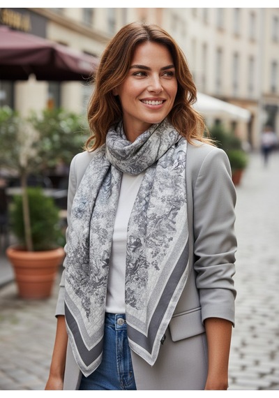 Miorel Scarfs Safari Tema Çift Taraflı Vual İpek Eşarp Silk Scarf Hijab Aksesuar Fular Cd Desen Gri