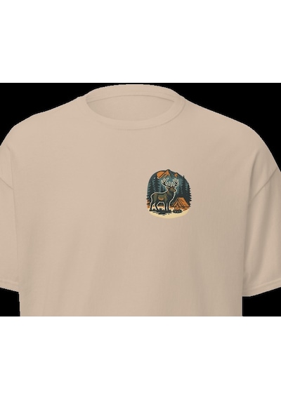 Wildstyle Geyik Renkli Vintage Yaban Hayat Doğa Orman Dağ Baskılı Unisex Bisiklet Yaka Pamuklu Tişört Camel