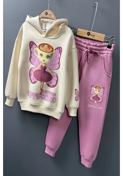 Koçak Kids 3 İplik Ballerina Cappucino Desenli Kız Çocuk Eşofman Takım Pembe
