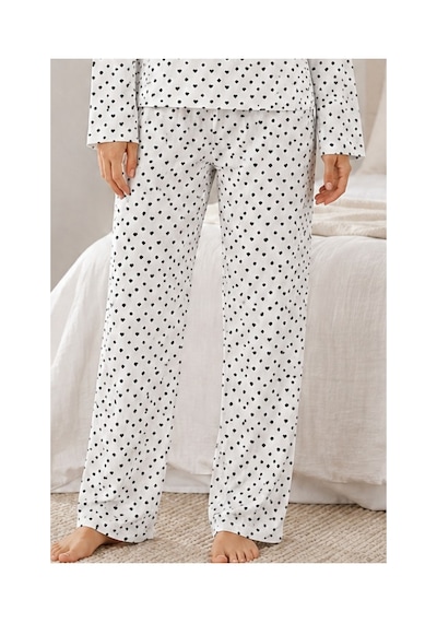 Fit Women Kadın Kalpli Uzun Kol Rahat Pijama Takımı 4673 Beyaz