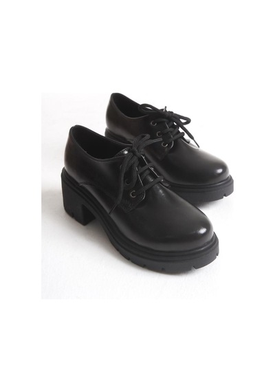 Aymood K-707 Siyah Kırışık Rugan Yüksek Tabanlı Bağcıklı Loafer Ayakkabı Siyah