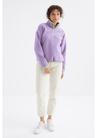 Tommy Life Açık Eflatun Yarım Fermuar Etek Ucu Büzgülü Dik Yaka Oversize Kadın Polar Sweatshirt - 97234 Eflatun