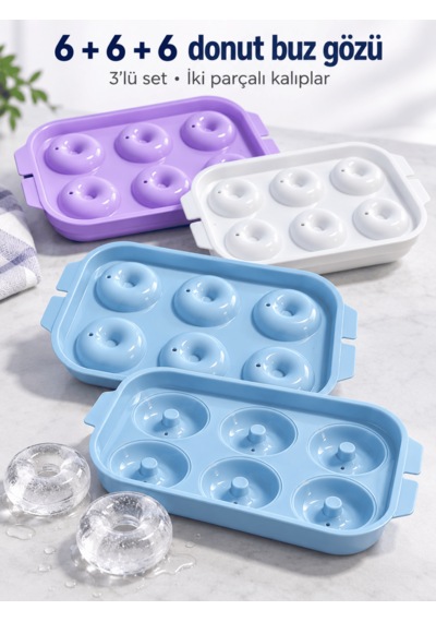 3'lü Donut Buz Kalıbı Kapaklı 6 Bölmeli Kolay Doldurulabilir Yapışmaz Basitçe Çıkarılır Yeni Nesil Buzluk Sunum Buz Kalıbı Çok Renkli