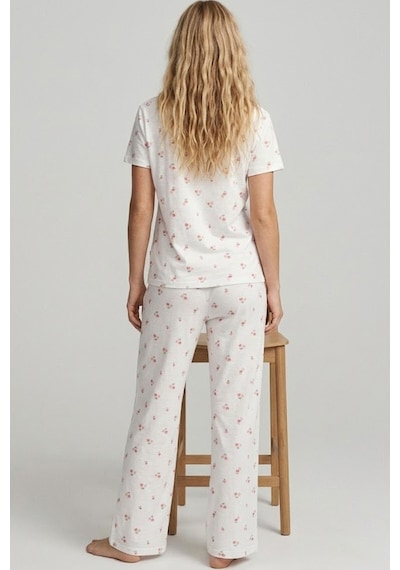 Siyah İnci İnce Soft Örme Mevsimlik Pijama Takımı 8003 Somon Çiçekli Kalp