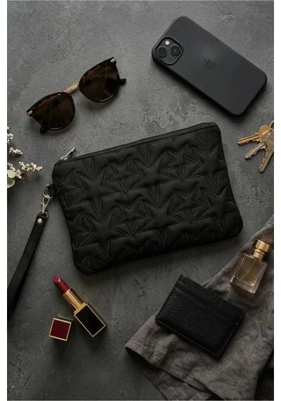 Adelina Bags Süet Yıldız Nakış İşlemeli Portföy El Çantası Bilek Askılı Astarlı Süet Clutch Çanta Siyah