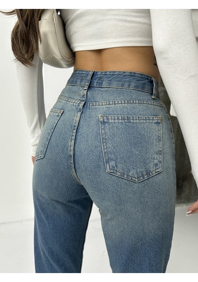 Blue Marlın Kadın Mavi Lazer İşlemli Mom Jeans Mavi