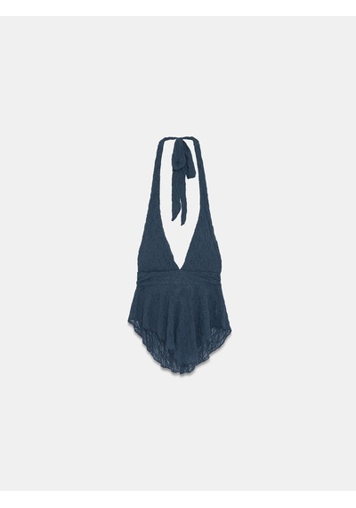 Dilvin 21228 Dantel Halter Yaka Top-indigo İndigo