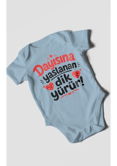 Morivokids Dayısına Yaslanan Dik Yürür Kısa Kollu Bebek Body %100 Pamuk Zbn254-kk Bebe Mavisi