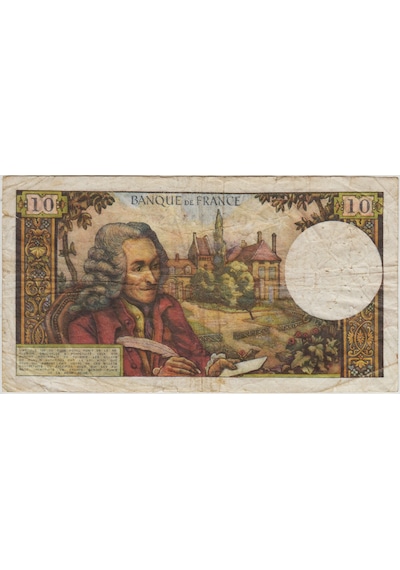 Fransa 10 Frank 1969 Voltaire Temalı. İğne Delikleri Ve Kenarlarda Bir Kaç Ufak Yırtık Var Çok Temiz -