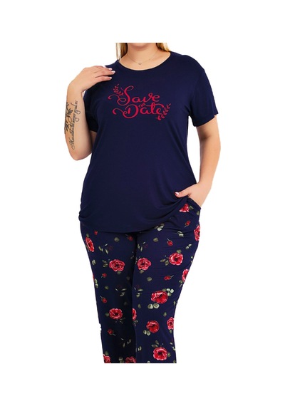 Lady Lacivert Renk Ve Desenli 11025 Kısa Kollu Kadın Büyük Beden Anne Pijama Takımı Lacivert - Kırmızı