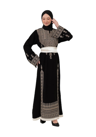 Zaytoon Filistin Nakışlı Modern Siyah Kaftan Elbise - Geleneksel Şıklık Gold