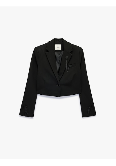 Koton Broşlu Geniş Yaka Uzun Kollu Crop Blazer Ceket Siyah 7wak50049uw