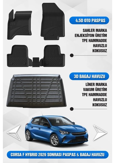 Sahler Opel Corsa F Hybrid 2024+ Uyumlu 4.5d Premium Havuzlu Oto Paspas Ve Liner Marka 3d Bagaj Havu