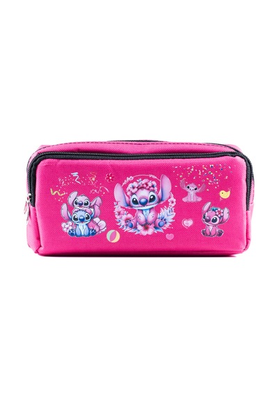 Stitch Ve Angel Tarzı Sevimli Karakter Baskılı İki Bölmeli Geniş Hacimli Pembe Okul Kalemliği Kutusu Pembe