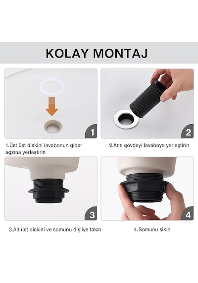 Mat Siyah Pop-up Lavabo Gider Seti Porselen Başlık + Körüklü Bo