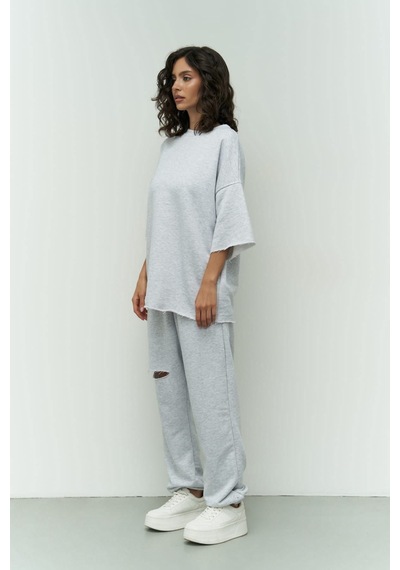 Mai Collection Mai Studios Co. Lion Karmelanj Oversize T-shirt Yırtıklı Eşofman Takım Gri