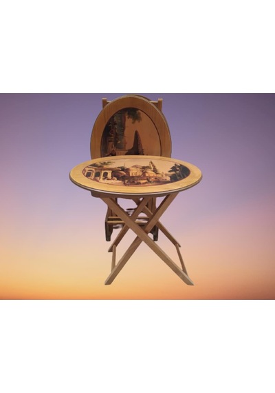 Zigon Sehpa Çanta Çiçek Motif Oval Kayın Torna Ayak Itinalı Paket