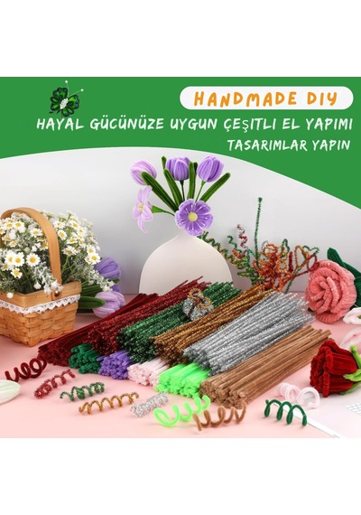 Şönil Tel, El İşi, Dıy, Hobi Ve Çiçek Yapım Teli, Haki Yeşil, 100 Adet, 6 Mm - 30 Cm