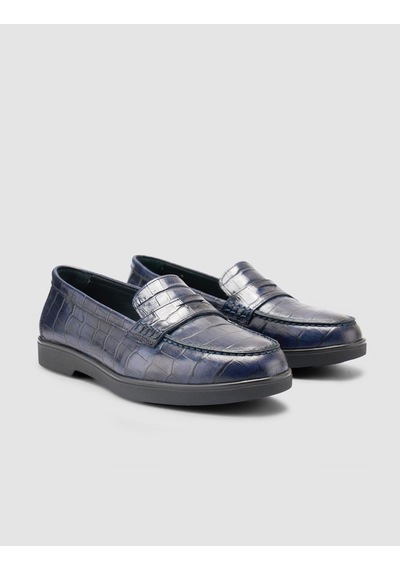 %100 Hakiki Deri Lacivert Croco Desen Kadın Loafer Lacivert