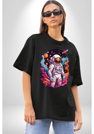 Ay Mars Astronot Pamuklu Bisiklet Yaka Unisex Oversize Boyfriend Dijital Baskılı Siyah T-shirt Siyah