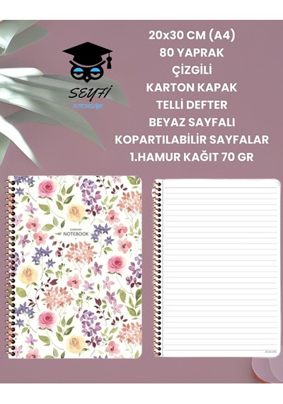 20x30 Cm A4 80 Yaprak Çizgili Karton Kapak Telli Defter Beyaz Sayfalı Kopartılabilir Sayfalar Renkli