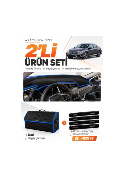 Honda Cıvıc Fc5 2015-2022 Uyumlu Torpido Örtüsü + Deri Bagaj Çantası + Sticker Seti - Siyah Mavi