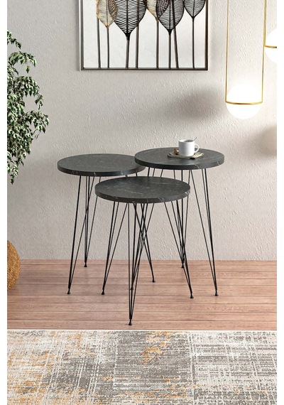 Bendir Metal Ayaklı Zigon Sehpa Siyah