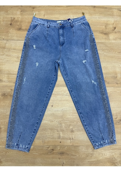 Büyük Beden Mom Kesim Yan Şerit Detaylı Denim Kadın Pantolon Mavi
