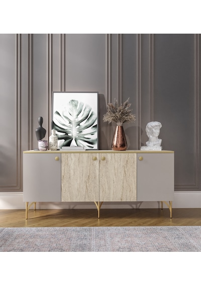 Traverten Çok Amaçlı Modern Konsol, 4 Kapaklı 160cm Mermer Desenli Konsol - Tamamı Mdf Traverten - Kumtaşı Traverten Çok Amaçlı Modern Konsol, 4 Kapaklı 160cm Mermer Desenli Konsol - Tamamı Mdf Traverten - Kumtaşı