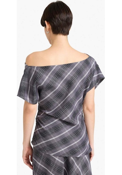 Defacto Regular Fit Kayık Yaka Kareli Flanel Kısa Kollu Bluz G0862ax25augr312 Gri