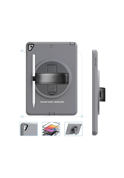 Apple iPad Uyumlu 10.2 7.nesil Kılıf Hand Strap Tablet Kılıfı - Gri Arka Kapak