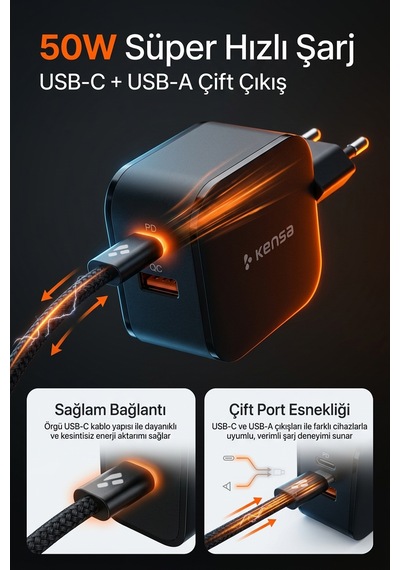 50w Çift Portlu Usb-c Girişli Akıllı Hızlı Şarj Adaptör Kablo Seti - Pd Ve Qc Destekli