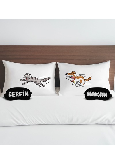 Bk Gift Kişiye Özel Eğlenceli Kedi Tasarımlı Pamuklu Yastık Kılıfı Ve Göz Bandı Çift Uyku Seti-1, Tasarım Ev Tekstili, Uyku Bandı, Ev Hediyesi